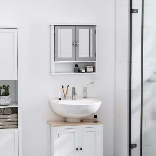 Kleankin Wall Mounted Bathroom Cabinet with Double Mirrored Doors, Storage Organiser and Shelf, Grey Aosom UK