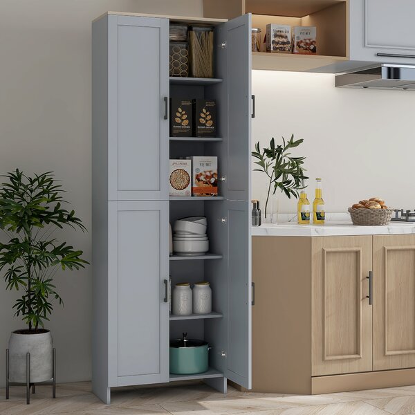 HOMCOM Freestanding Kitchen Cupboard, 4-Door Storage Cabinet Organizer with Adjustable Shelves Grey Aosom UK
