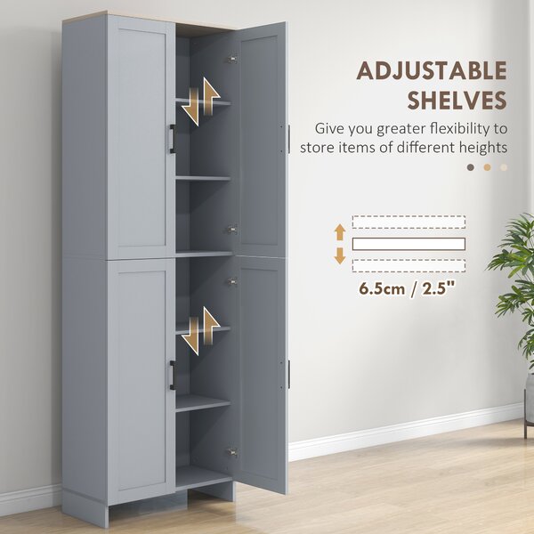 HOMCOM Freestanding Kitchen Cupboard, 4-Door Storage Cabinet Organizer with Adjustable Shelves Grey Aosom UK