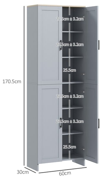 HOMCOM Freestanding Kitchen Cupboard, 4-Door Storage Cabinet Organizer with Adjustable Shelves Grey Aosom UK