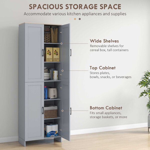 HOMCOM Freestanding Kitchen Cupboard, 4-Door Storage Cabinet Organizer with Adjustable Shelves Grey Aosom UK