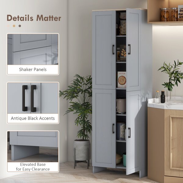 HOMCOM Freestanding Kitchen Cupboard, 4-Door Storage Cabinet Organizer with Adjustable Shelves Grey Aosom UK
