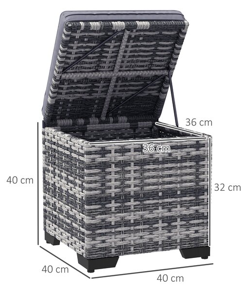 Outsunny Set of 2 Rattan Storage Ottoman, Outdoor Footstool with Removable Cushions, Garden Storage Seat for Balcony, Poolside, Living Room, Dark Grey