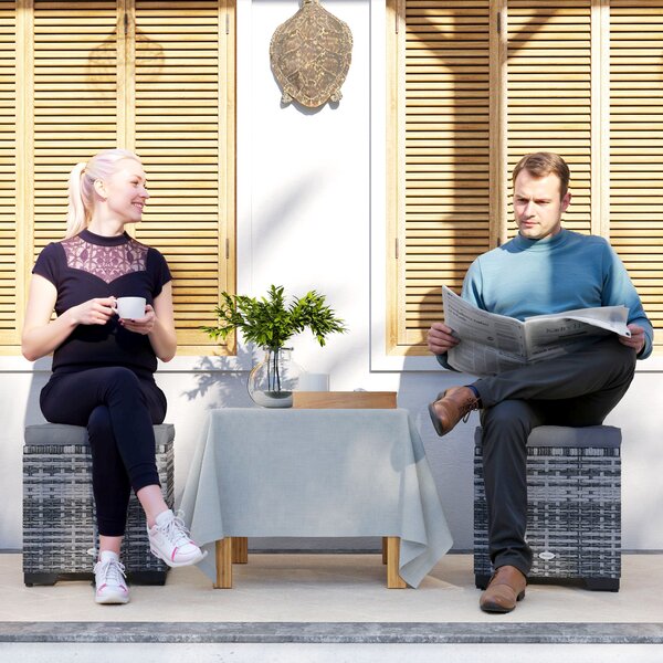 Outsunny Set of 2 Rattan Storage Ottoman, Outdoor Footstool with Removable Cushions, Garden Storage Seat for Balcony, Poolside, Living Room, Dark Grey