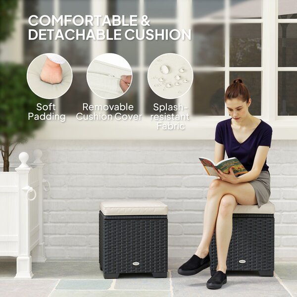 Outsunny Set of 2 Rattan Storage Ottoman, Outdoor Footstool with Removable Cushions, Garden Storage Seat for Balcony, Poolside, Living Room, Cream