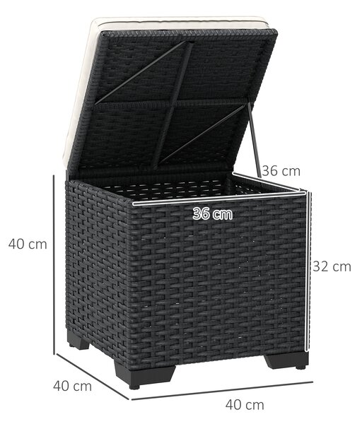 Outsunny Set of 2 Rattan Storage Ottoman, Outdoor Footstool with Removable Cushions, Garden Storage Seat for Balcony, Poolside, Living Room, Cream