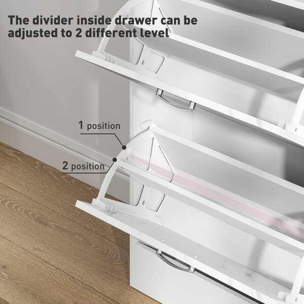 HOMCOM Marble Shoe Storage Cabinet with 3 Flip Drawers, Hallway Cabinet with Top Drawer and Adjustable Shelves, Shoe Cupboard for 18 Pairs, White