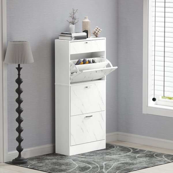 HOMCOM Marble Shoe Storage Cabinet with 3 Flip Drawers, Hallway Cabinet with Top Drawer and Adjustable Shelves, Shoe Cupboard for 18 Pairs, White