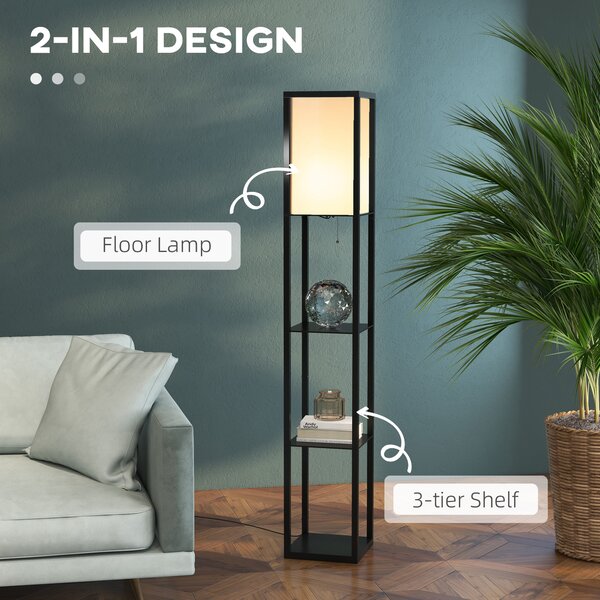HOMCOM Floor Lamp with Shelves, Modern Floor Standing Lamp with Storage Shelf for Living Room, Reading Standing Lamp, Black Aosom UK