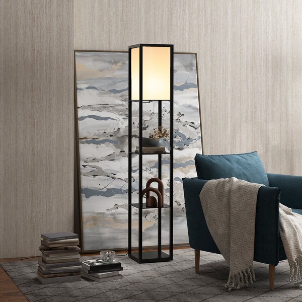 HOMCOM Floor Lamp with Shelves, Modern Floor Standing Lamp with Storage Shelf for Living Room, Reading Standing Lamp, Black Aosom UK