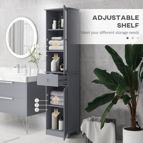 Kleankin Bathroom Storage Unit with 3-tier Shelf Drawer Door, Floor Cabinet Free Standing Tall Slim Side Organizer Shelves, Grey Aosom UK