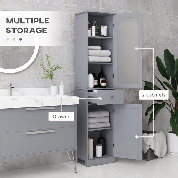Kleankin Bathroom Storage Unit with 3-tier Shelf Drawer Door, Floor Cabinet Free Standing Tall Slim Side Organizer Shelves, Grey Aosom UK