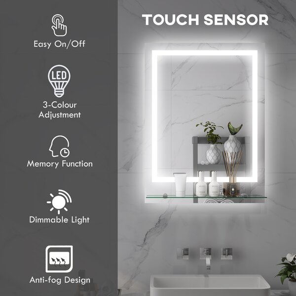 Kleankin Illuminated Vanity Mirror: Smart LED Lighting, Anti-Fog, Shelving, 3 Colour Modes, 80x60cm Aosom UK