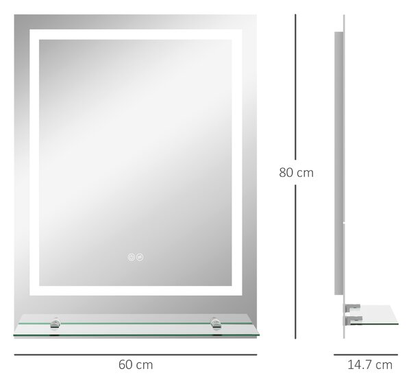 Kleankin Illuminated Vanity Mirror: Smart LED Lighting, Anti-Fog, Shelving, 3 Colour Modes, 80x60cm Aosom UK