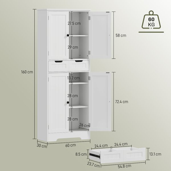 HOMCOM Tall Bathroom Cabinet, Freestanding Storage Cupboard, Bathroom Storage Cabinet with Drawer, Adjustable Shelf and Doors, 60 x 30 x 160 cm, White
