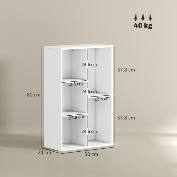 HOMCOM 2-Tier Bookshelf with 5 Compartments - White