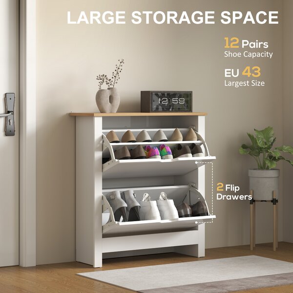 HOMCOM Slim Shoe Cabinet Narrow High Gloss 12-Pair White with 2 Flip Drawers Adjustable Shelves Space Saving Shoe Storage Solution Aosom UK