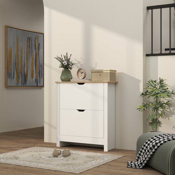 HOMCOM Slim Shoe Cabinet Narrow High Gloss 12-Pair White with 2 Flip Drawers Adjustable Shelves Space Saving Shoe Storage Solution Aosom UK