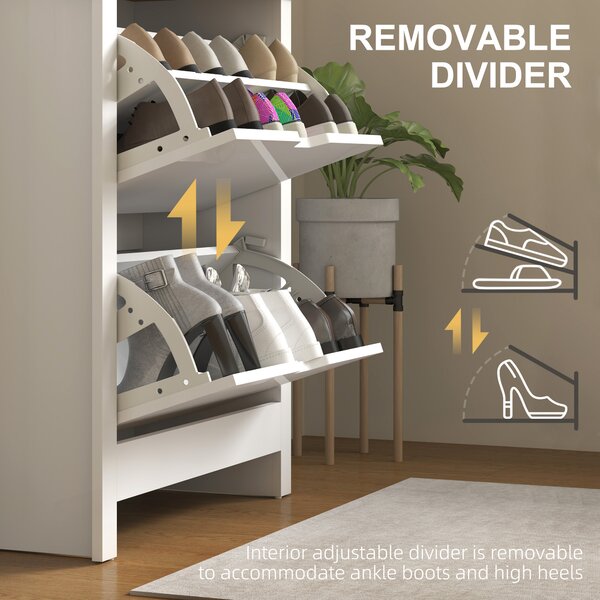 HOMCOM Slim Shoe Cabinet Narrow High Gloss 12-Pair White with 2 Flip Drawers Adjustable Shelves Space Saving Shoe Storage Solution Aosom UK