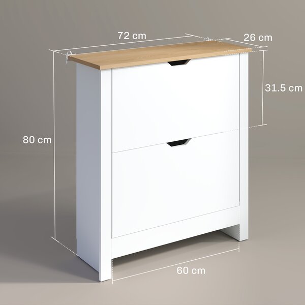 HOMCOM Slim Shoe Cabinet Narrow High Gloss 12-Pair White with 2 Flip Drawers Adjustable Shelves Space Saving Shoe Storage Solution Aosom UK