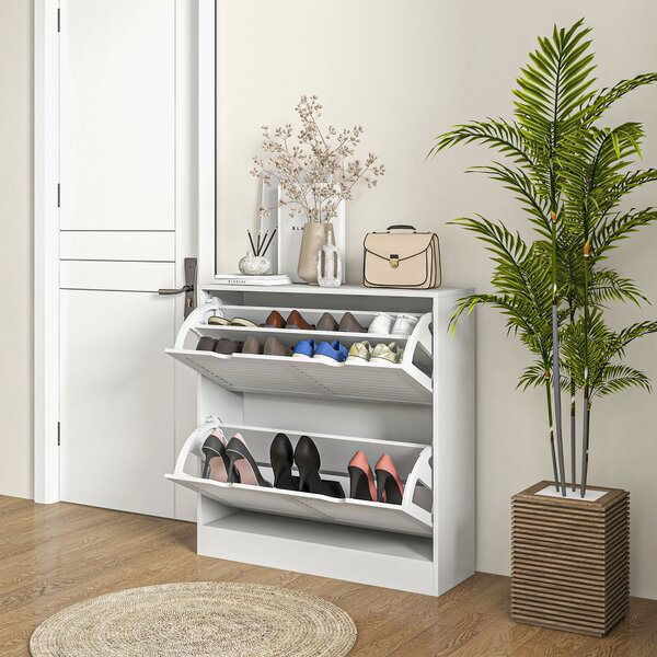 HOMCOM 2 Drawers Entryway Shoe Cabinet, Narrow Shoe Storage Cabinet with 2 Flip Drawers, Louvred Door Design and Adjustable Shelves for 16 Pairs of Shoes, White