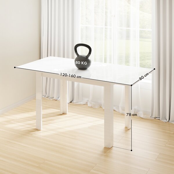 HOMCOM Extendable Dining Table, 120-160 x 70cm Rectangular Kitchen Table for Small Spaces, Seats 4-6 People, High Gloss White