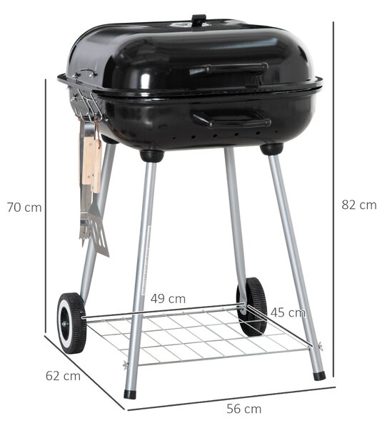 Outsunny Portable BBQ Charcoal Grill with 2 Wheels and Cooking Utensils, Smoker Grill with Lid for Outdoor Barbecues, Camping, Picnic, Courtyard