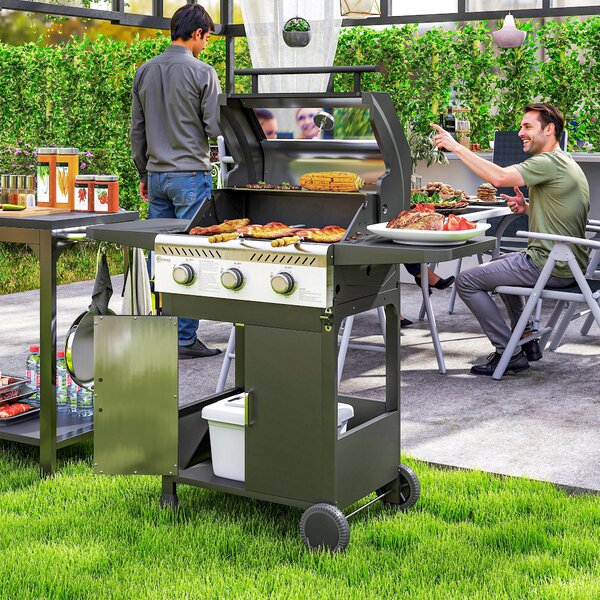 Outsunny 7.5kW Three-Burner Gas BBQ Grill, with See-Through Lid - Black