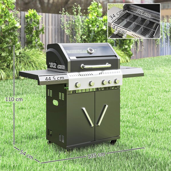 Outsunny 4+1 Burner Gas BBQ Grill with Clear View Lid, Portable Gas Barbecue Grill with Built-in Thermometer, Side Table, Cabinet, Wheels, Grease Tray for Garden Party Outdoor Cooking, Black