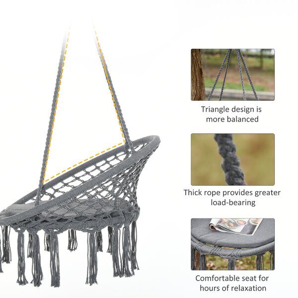 Outsunny Macrame Swing Chair: Cotton-Polyester Hanging Seat with Backrest & Tassels, Indoor & Outdoor Use, Grey Aosom UK