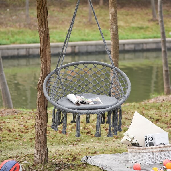 Outsunny Macrame Swing Chair: Cotton-Polyester Hanging Seat with Backrest & Tassels, Indoor & Outdoor Use, Grey Aosom UK