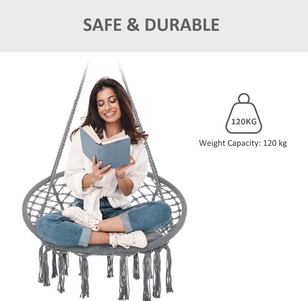 Outsunny Macrame Swing Chair: Cotton-Polyester Hanging Seat with Backrest & Tassels, Indoor & Outdoor Use, Grey Aosom UK