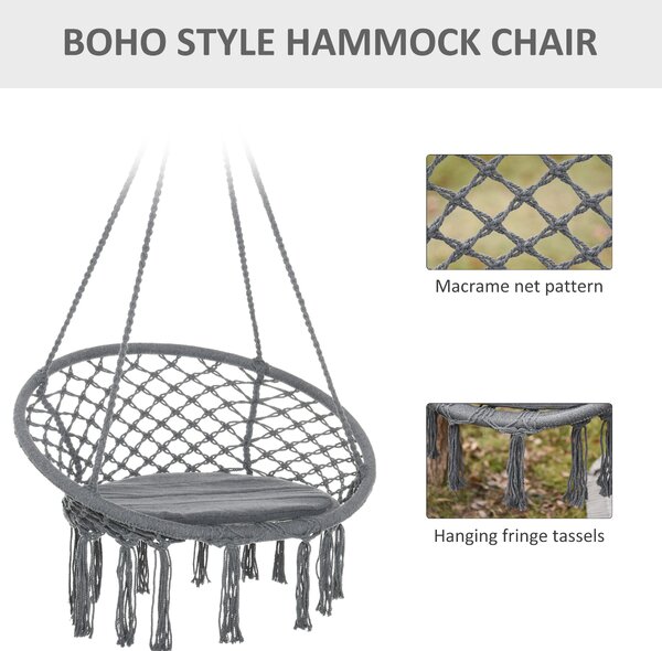 Outsunny Macrame Swing Chair: Cotton-Polyester Hanging Seat with Backrest & Tassels, Indoor & Outdoor Use, Grey Aosom UK