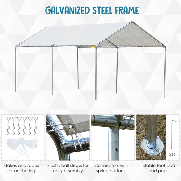 Outsunny Waterproof 3 x 6m Heavy Duty Carport Garage Car Shelter Galvanized Steel Outdoor Canopy Tent Water UV Resistant Waterproof, White Aosom UK