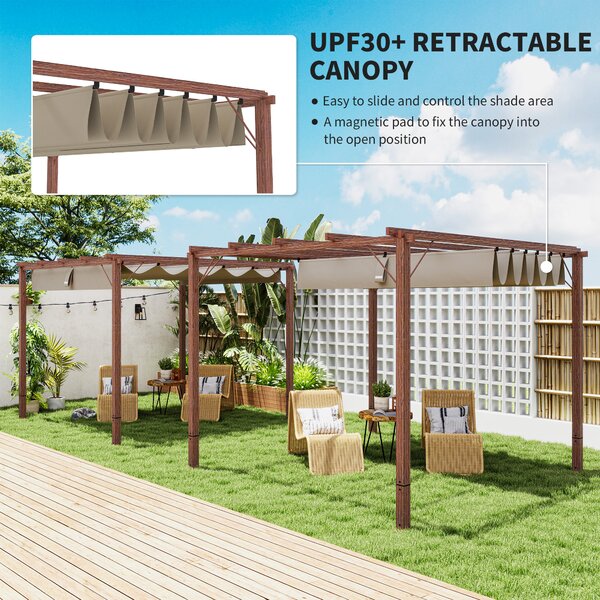Outsunny 3x3m Retractable Roof Garden Pergola, Weatherproof Aluminium Frame Sun Shade Shelter with Natural Wood Grain Finish Aosom UK