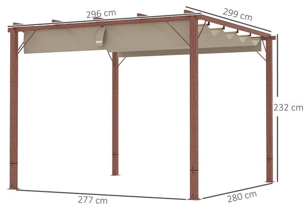 Outsunny 3x3m Retractable Roof Garden Pergola, Weatherproof Aluminium Frame Sun Shade Shelter with Natural Wood Grain Finish Aosom UK