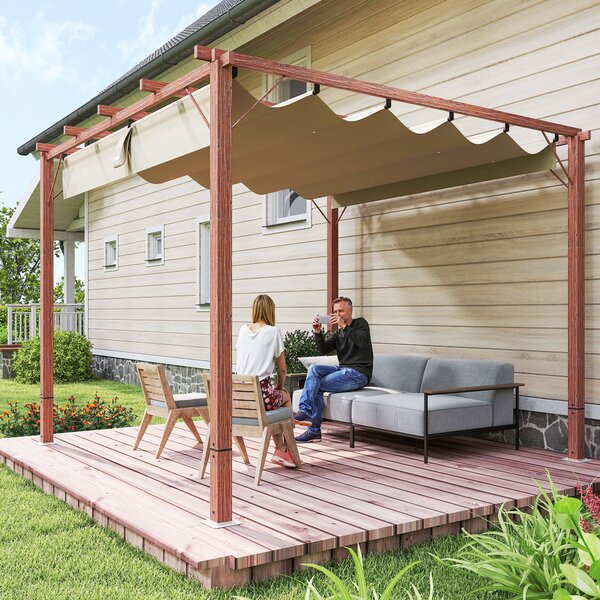 Outsunny 3x3m Retractable Roof Garden Pergola, Weatherproof Aluminium Frame Sun Shade Shelter with Natural Wood Grain Finish Aosom UK
