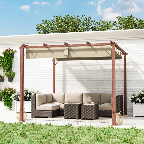 Outsunny 3x3m Retractable Roof Garden Pergola, Weatherproof Aluminium Frame Sun Shade Shelter with Natural Wood Grain Finish Aosom UK