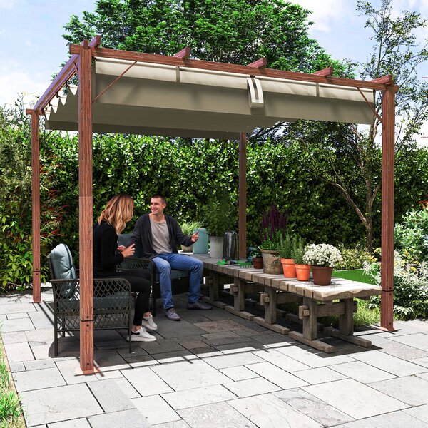 Outsunny 3x3m Retractable Roof Garden Pergola, Weatherproof Aluminium Frame Sun Shade Shelter with Natural Wood Grain Finish Aosom UK