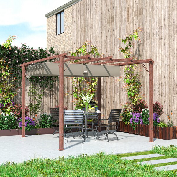 Outsunny 3x3m Retractable Roof Garden Pergola, Weatherproof Aluminium Frame Sun Shade Shelter with Natural Wood Grain Finish Aosom UK