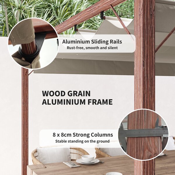 Outsunny 3x3m Retractable Roof Garden Pergola, Weatherproof Aluminium Frame Sun Shade Shelter with Natural Wood Grain Finish Aosom UK