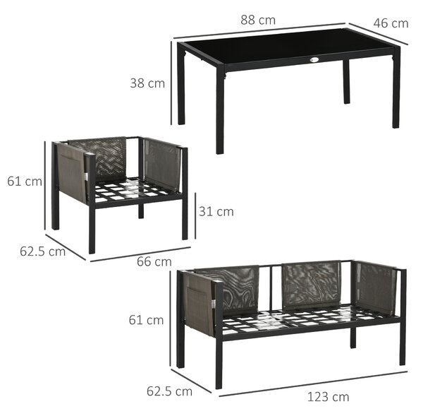 Outsunny 4 Piece Metal Garden Furniture Set with Tempered Glass Coffee Table, Patio Set Loveseat, Single Armchairs with Padded Cushions, Light Grey