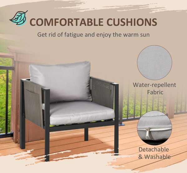 Outsunny 4 Piece Metal Garden Furniture Set with Tempered Glass Coffee Table, Patio Set Loveseat, Single Armchairs with Padded Cushions, Light Grey