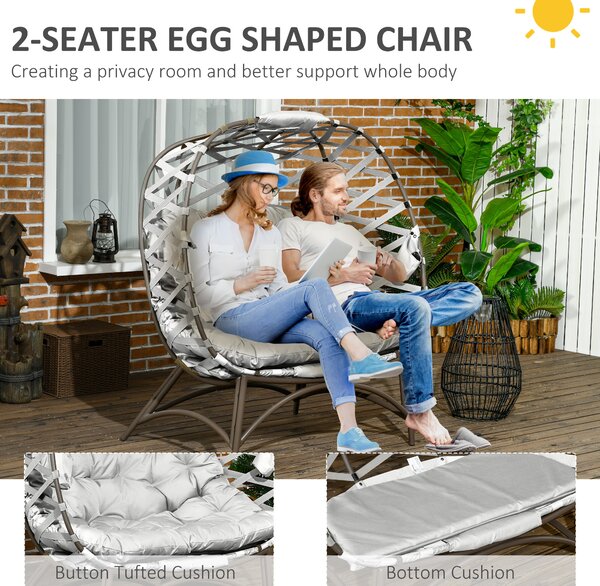 Outsunny 2 Seater Egg Chair Outdoor, Folding Weave Garden Furniture Chair with Cushion, Cup Pockets - Light Grey