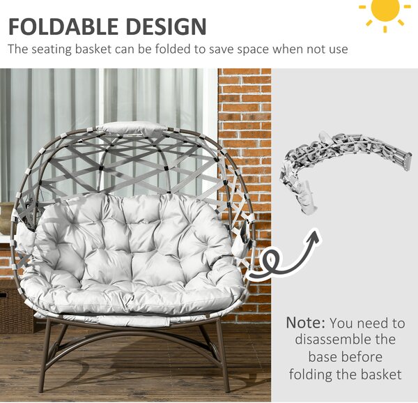 Outsunny 2 Seater Egg Chair Outdoor, Folding Weave Garden Furniture Chair with Cushion, Cup Pockets - Light Grey