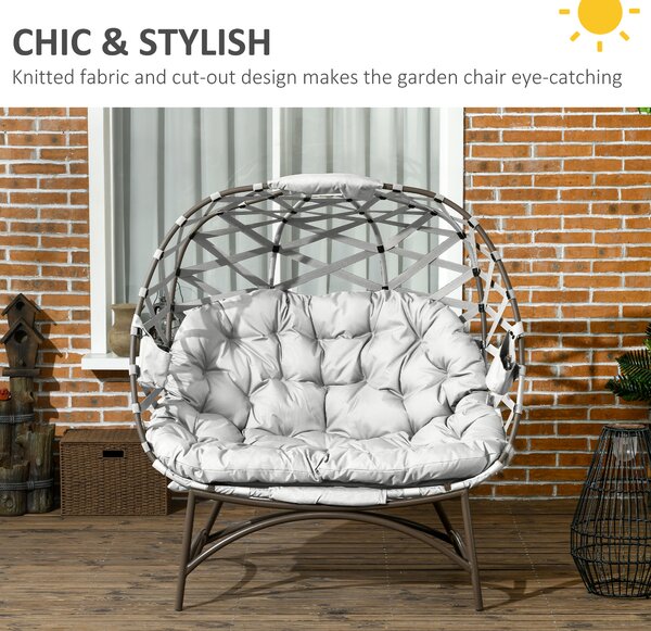 Outsunny 2 Seater Egg Chair Outdoor, Folding Weave Garden Furniture Chair with Cushion, Cup Pockets - Light Grey