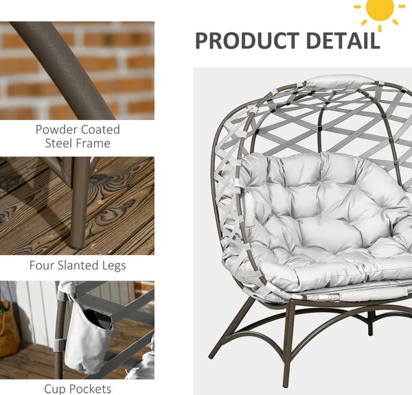 Outsunny 2 Seater Egg Chair Outdoor, Folding Weave Garden Furniture Chair with Cushion, Cup Pockets - Light Grey