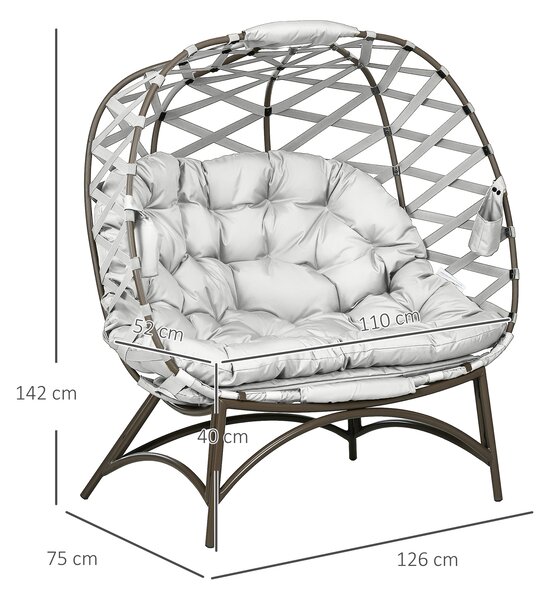Outsunny 2 Seater Egg Chair Outdoor, Folding Weave Garden Furniture Chair with Cushion, Cup Pockets - Light Grey