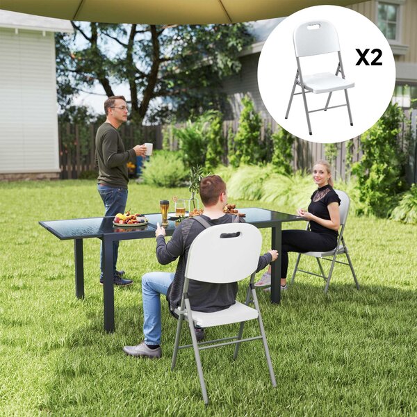 Outsunny Folding Chair Set of 2 with Steel Frame, Outdoor Chair Set with HDPE Backrest, Seat and Handles for Mobility Patio Deck Balcony, White