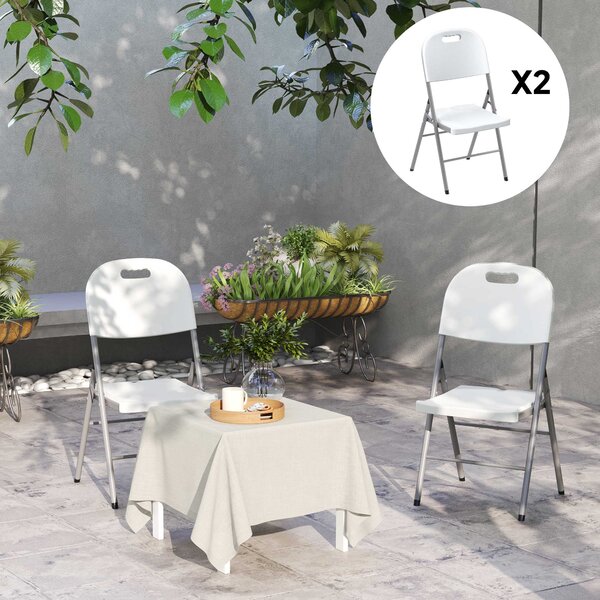 Outsunny Folding Chair Set of 2 with Steel Frame, Outdoor Chair Set with HDPE Backrest, Seat and Handles for Mobility Patio Deck Balcony, White